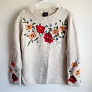 Cliche Tan Embroidered Floral Pullover Sweater
